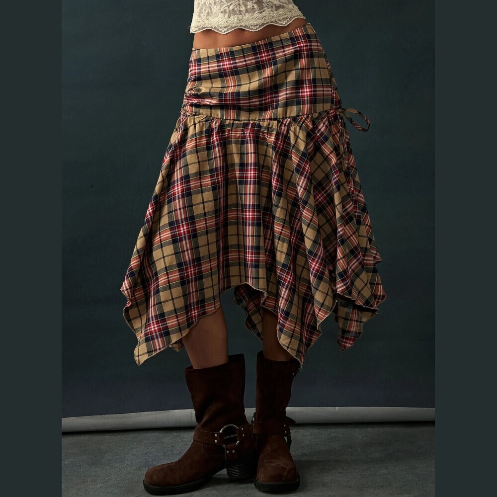 Tan Plaid Handkerchief Asymmetric Hem Drawstring Midi Skirt